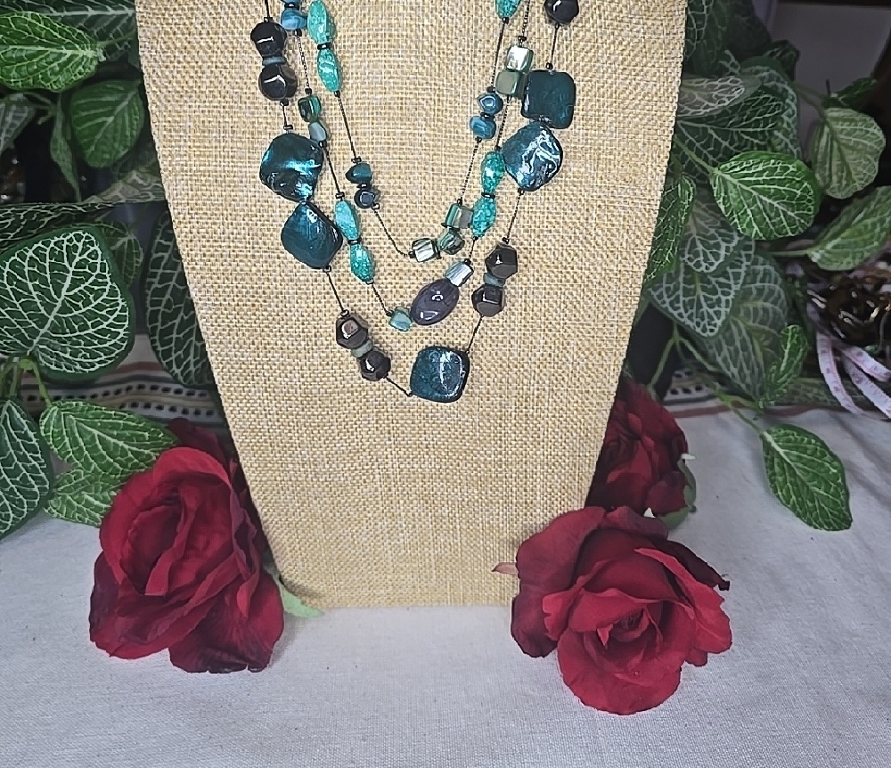Multi-Strand Teal and Black Necklace: MOP, Abalone, Acrylic & Hematite - Picture 3 of 9